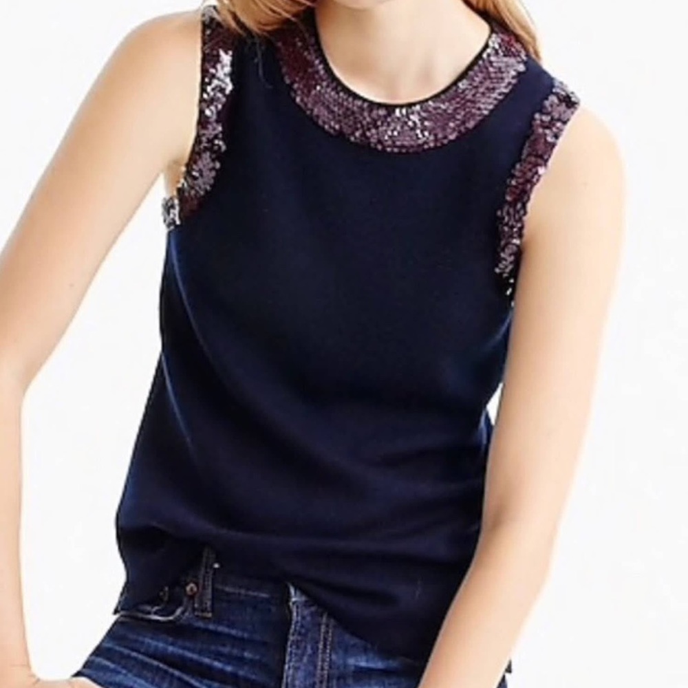 J Crew Merino Crewneck Navy Sequin Shell Sleeveless Tank Sweater - XXS